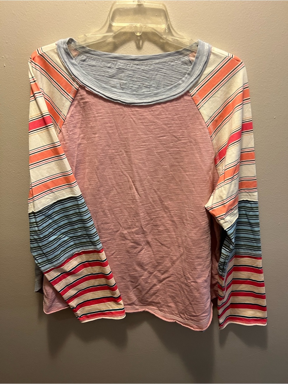 Women's Pink Raglan Long-Sleeve Top with Multicolor Striped Sleeves